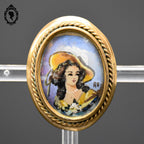 Chic broche peinture ovale portrait signée RC et laiton doré bijoux ancien vintage
