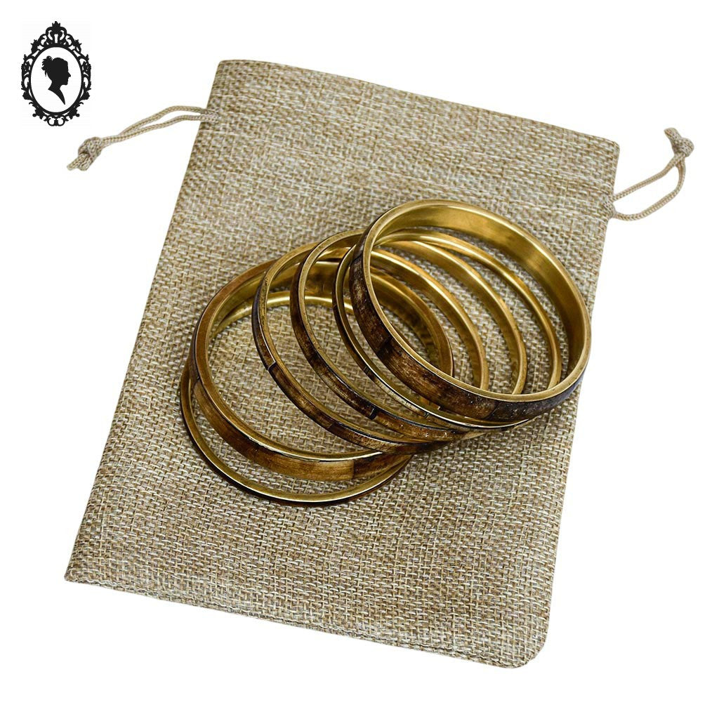Chic ensemble 6 bracelets rigides joncs laiton effet bois vintage