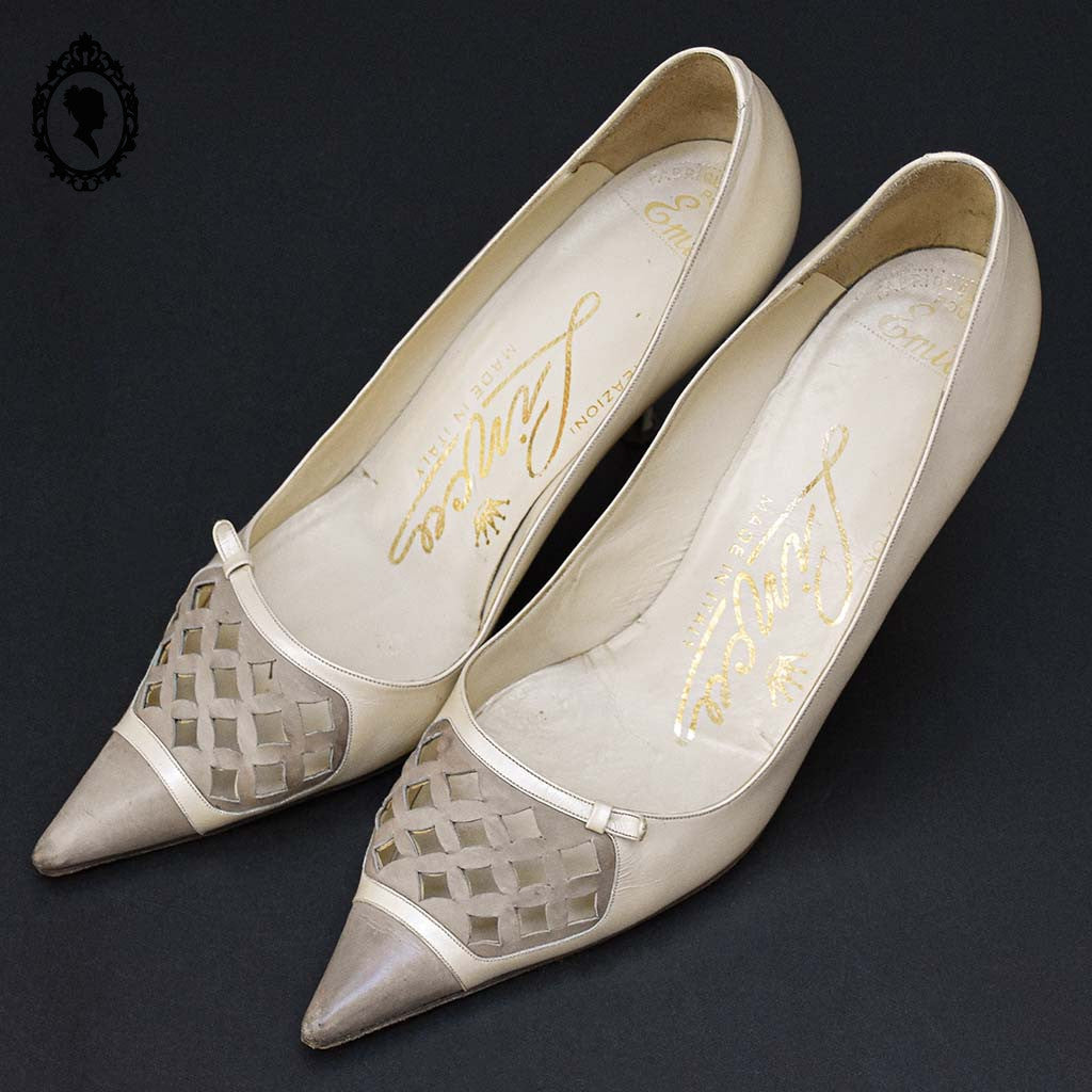 Chics escarpins à talon italien en cuir beige nacré Linca ou Limca P 36 vintage