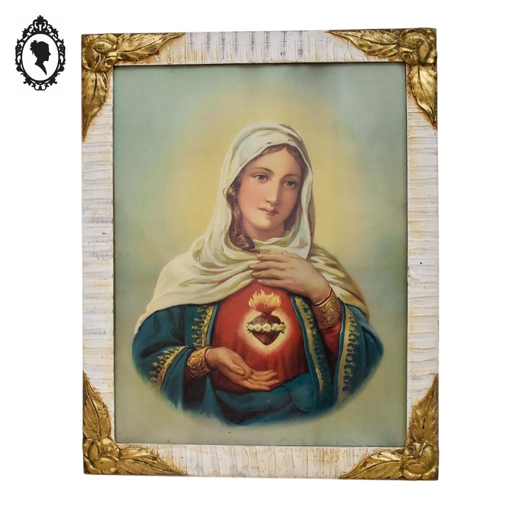 Chromo Sacré cœur de la Vierge Marie dans cadre bois sculpté beige et doré H 56 cm Art nouveau
