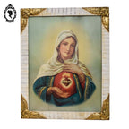 Chromo Sacré cœur de la Vierge Marie dans cadre bois sculpté beige et doré H 56 cm Art nouveau