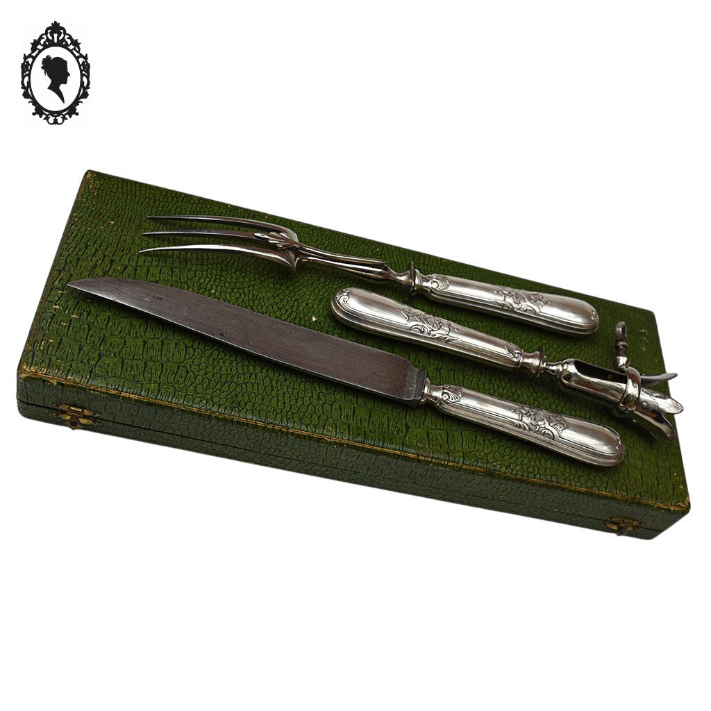 Coffret 3 couverts service complet à découper gigot métal argent décor Louis XV ancien XIX ième