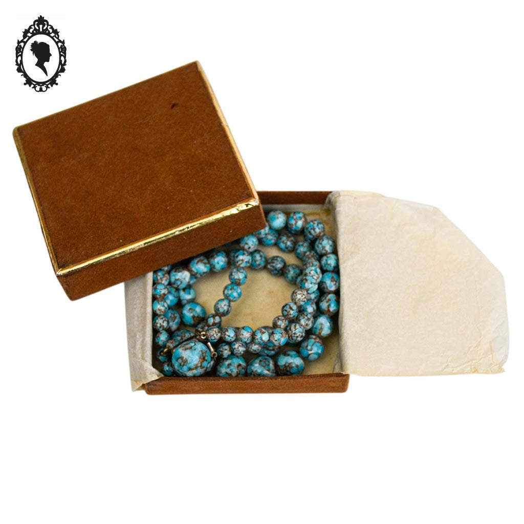 Collier ancien art déco 2 rangs de perles bleu porcelaine émaillée effet marbré