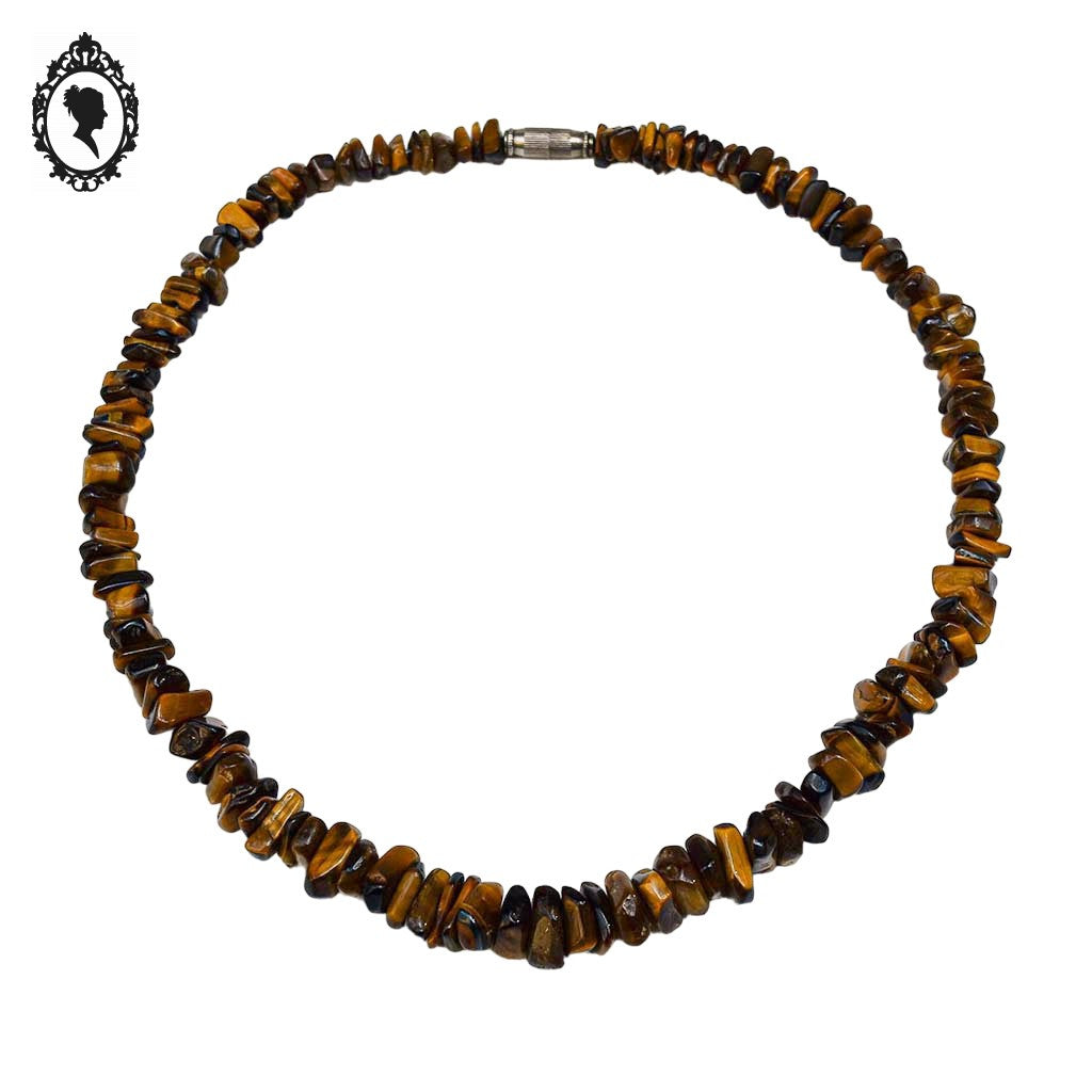 Collier marron en pierre protectrice œil de tigre chips vintage