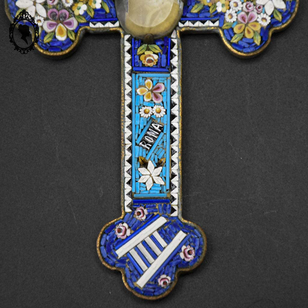 Croix en micro mosaïque de Roma Italienne photo verre H 10,5 cm ancienne