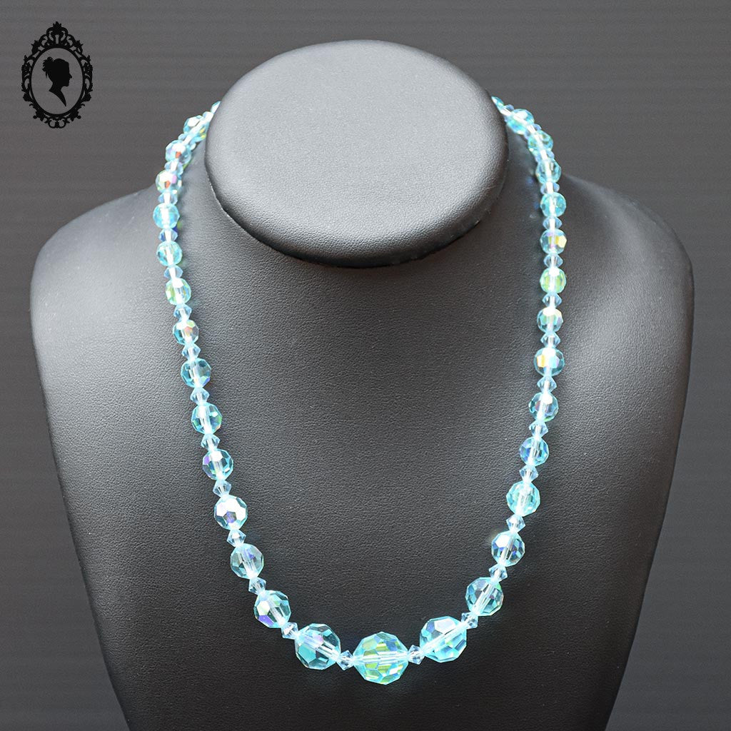 Élégant collier en cristal aurore boréale AB bleu en cascade bijou ancien vintage