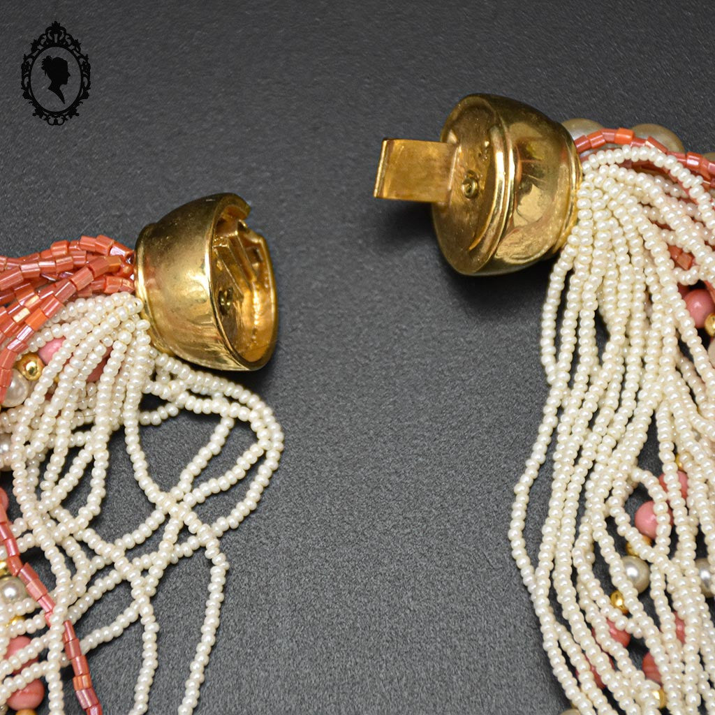 Élégant collier rose saumon beige multi rangs bijou fantaisie vintage