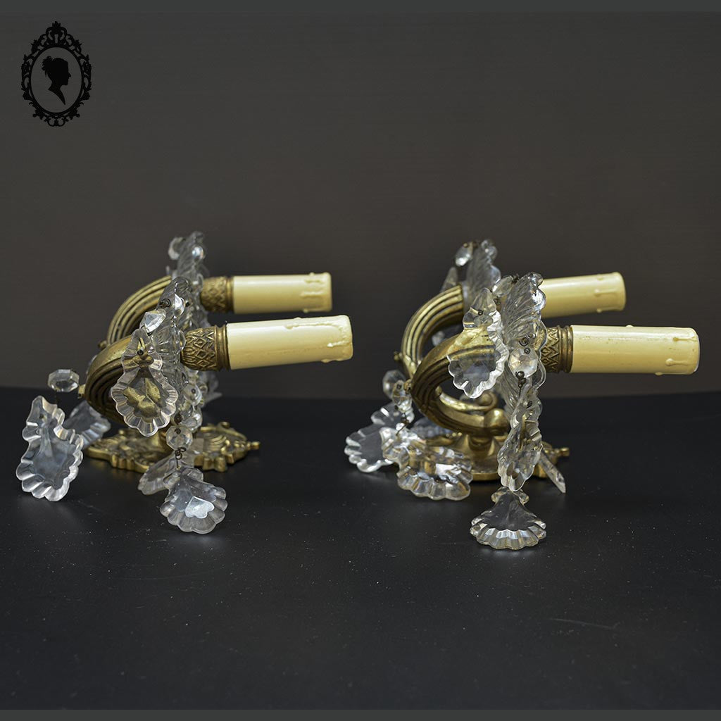 Elégante paire d’appliques en bronze doré pampilles baroque 2 lumières vintage