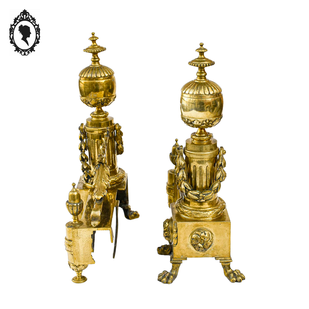 Élégante paire de chenets bronze doré pattes de lion accessoire de cheminée ancien Napoléon 3 XIX ème