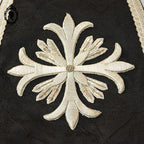 Étole pastorale prêtre Liturgique noir et beige soie broderie pompons fil doré argent ancienne