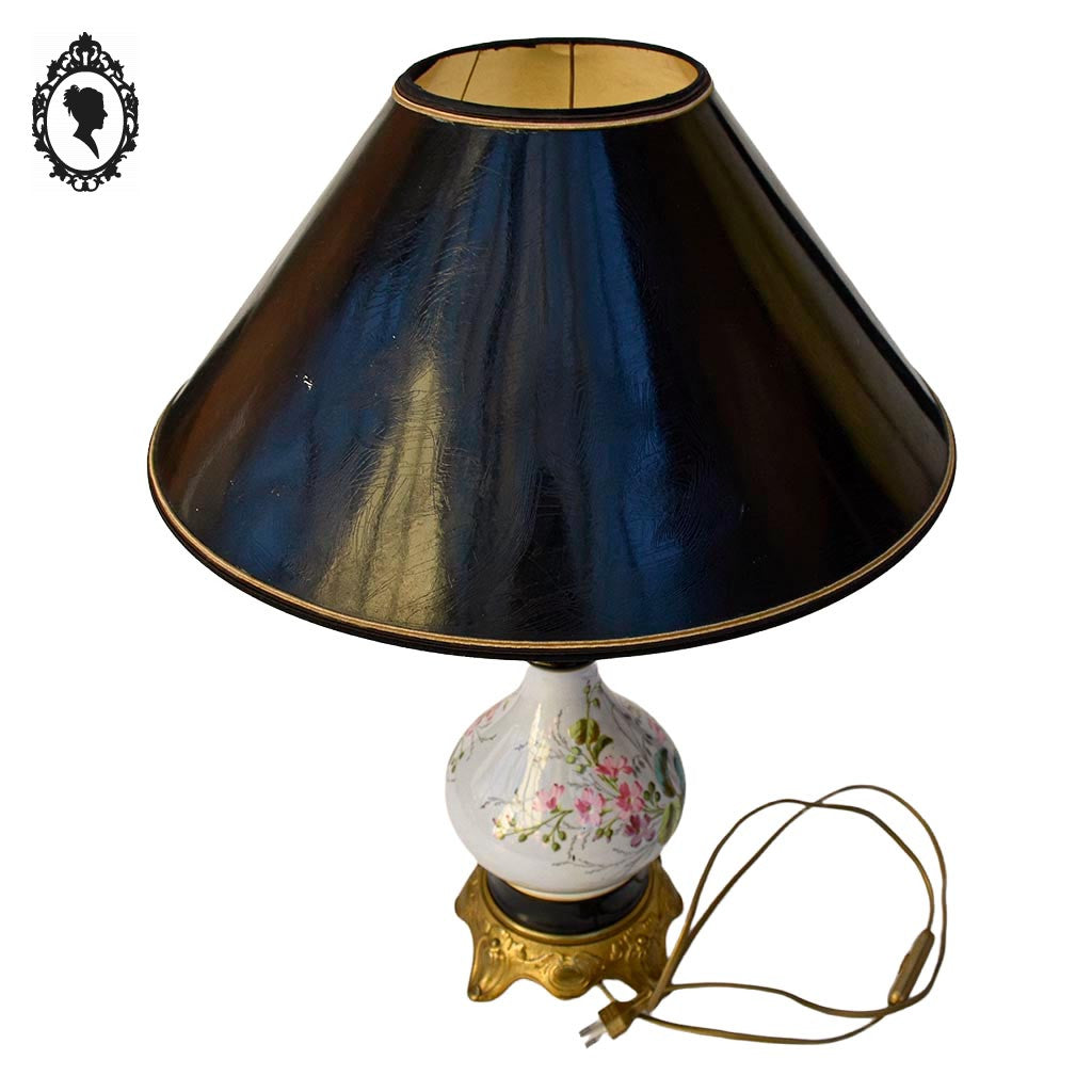 Grande lampe de table à poser porcelaine fleurie laiton ancienne