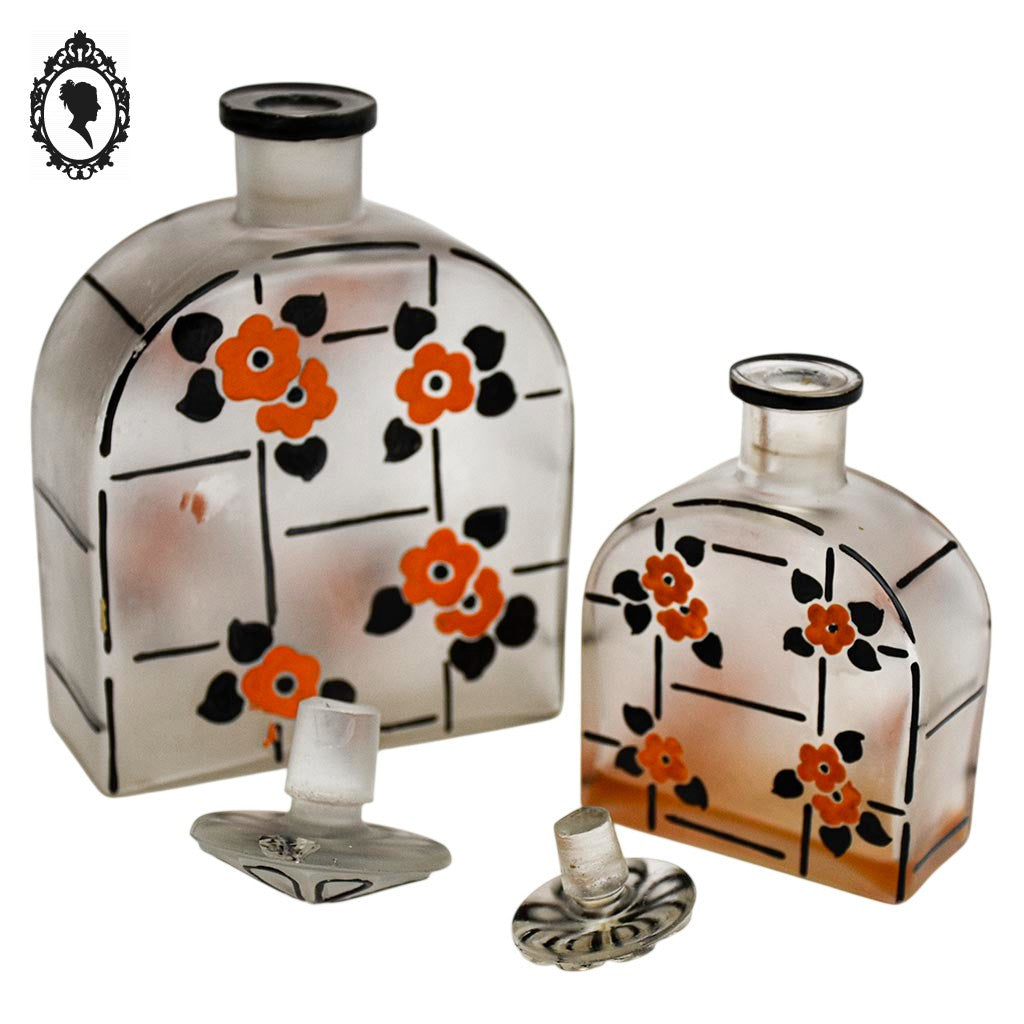Lot 2 superbes anciens flacons parfum verre émaillé signé époque art déco