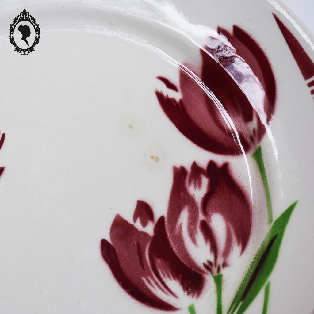Lot 22 assiettes plates et creuses fleur tulipe rouge vert Badonviller vintage