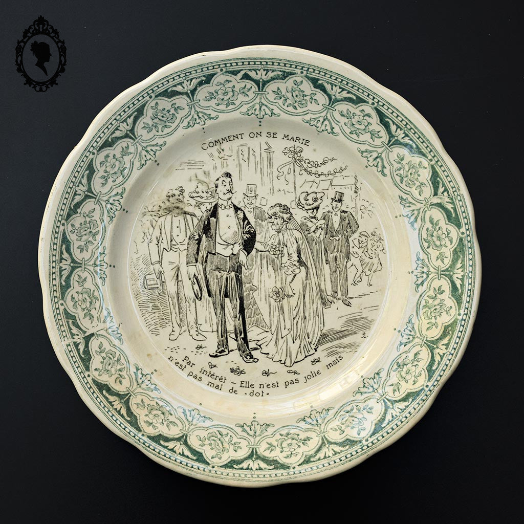 Lot 5 assiettes à dessert parlantes mariage beige et vert Digoin Sarreguemines anciennes