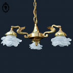 Lustre plafonnier bronze chimères 3 lumières 3 roses pâte de verre blanc doré ancien