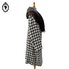 Manteau long femme laine pied-de-poule noir blanc col véritable fourrure T 52 54 vintage