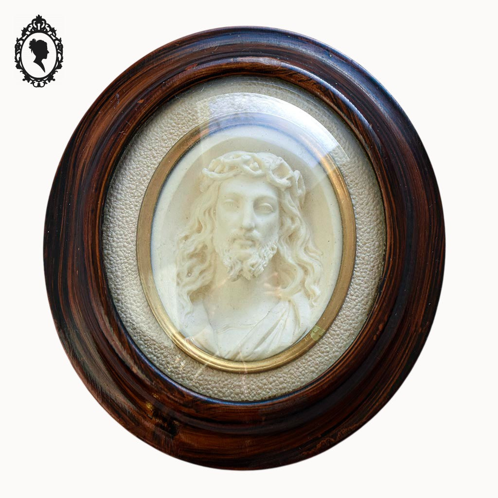 Paire de cadres reliquaires verre bombé ovale bois Christ et Marie calcaire pétrifié ancien Napoléon 3