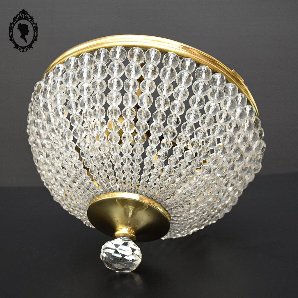 Plafonnier lustre art déco guirlandes de perles pointe diamant cristal laiton ancien