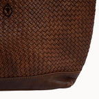 Sac cabas cuir cognac marron devant tressé vintage