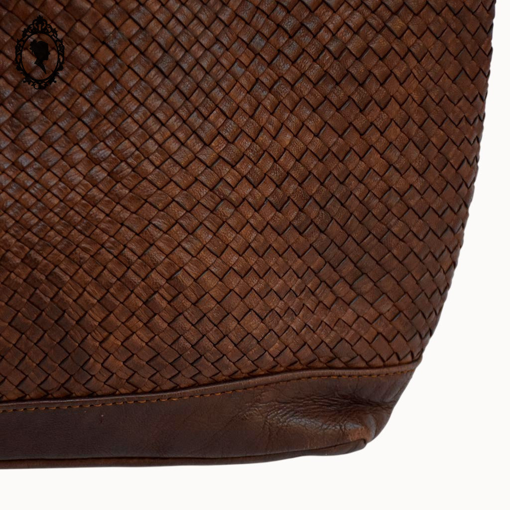 Sac cabas cuir cognac marron devant tressé vintage