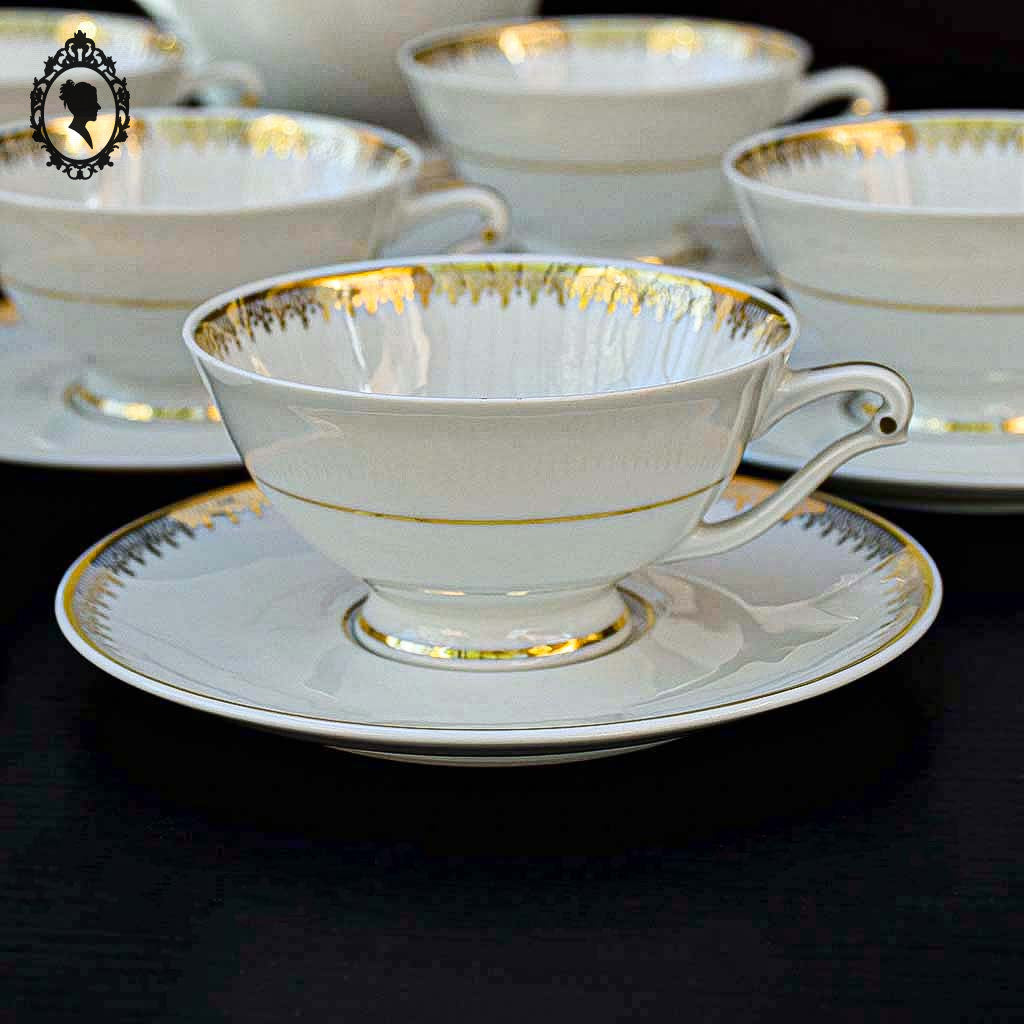 Service 12 tasses à café pots cafetière sucrier porcelaine fine UC Limoges blanc doré