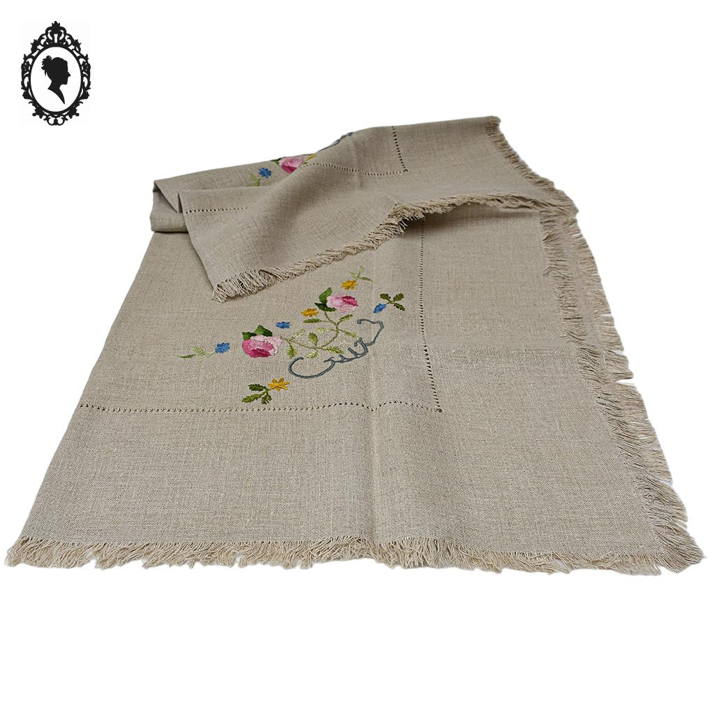 Service nappe et 10 serviettes à thé café lin broderie bucolique fleurie vintage