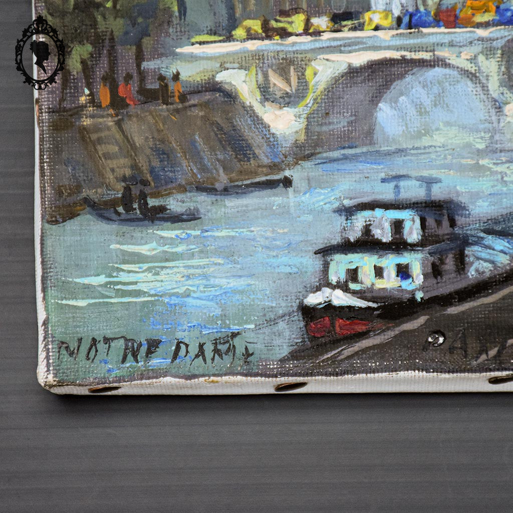 Tableau peinture à l’huile Notre Dame de Paris souvenir Montmartre 1983 18 x 14 cm