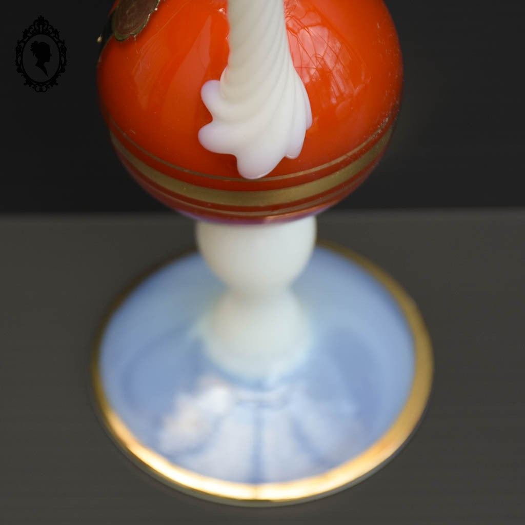 Vase soliflore sur pied anse opaline verre opalescent blanc et orange