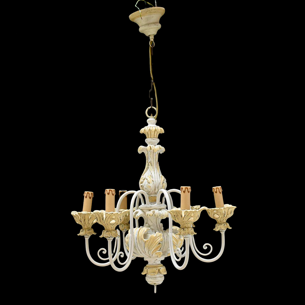 Lustre en bois 6 feux branches fer beige jaune clair vintage