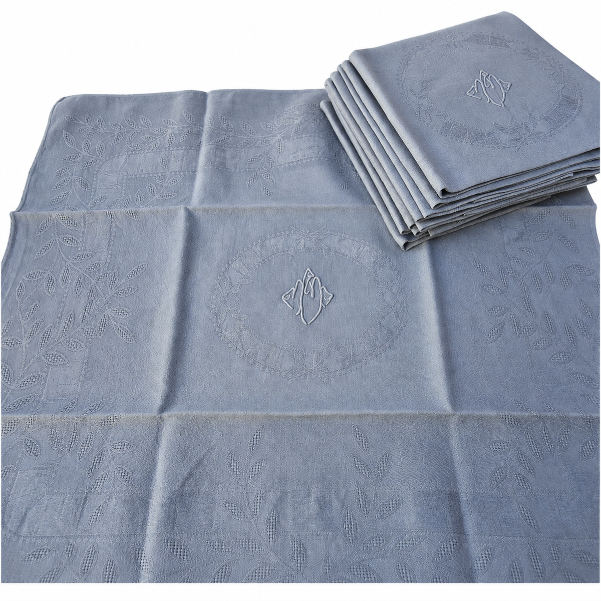Lot de 12 grandes serviettes anciennes damassées teintes grise bleuté, monogramme brodé – 60 × 75 cm