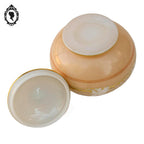 Ancienne bonbonnière boite à bijoux rose saumon or en opaline avec feuilles d’acanthe