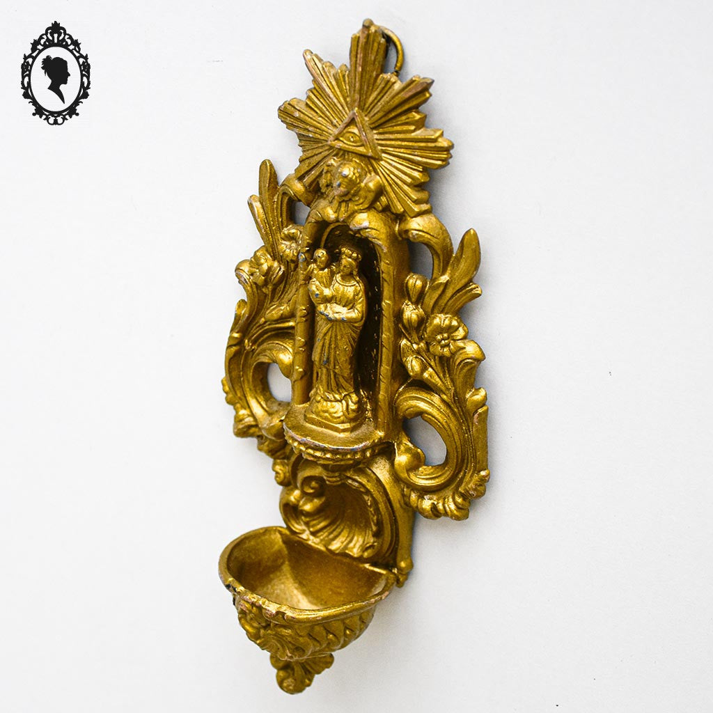 Bénitier en métal doré régule Vierge et l’enfant ancien