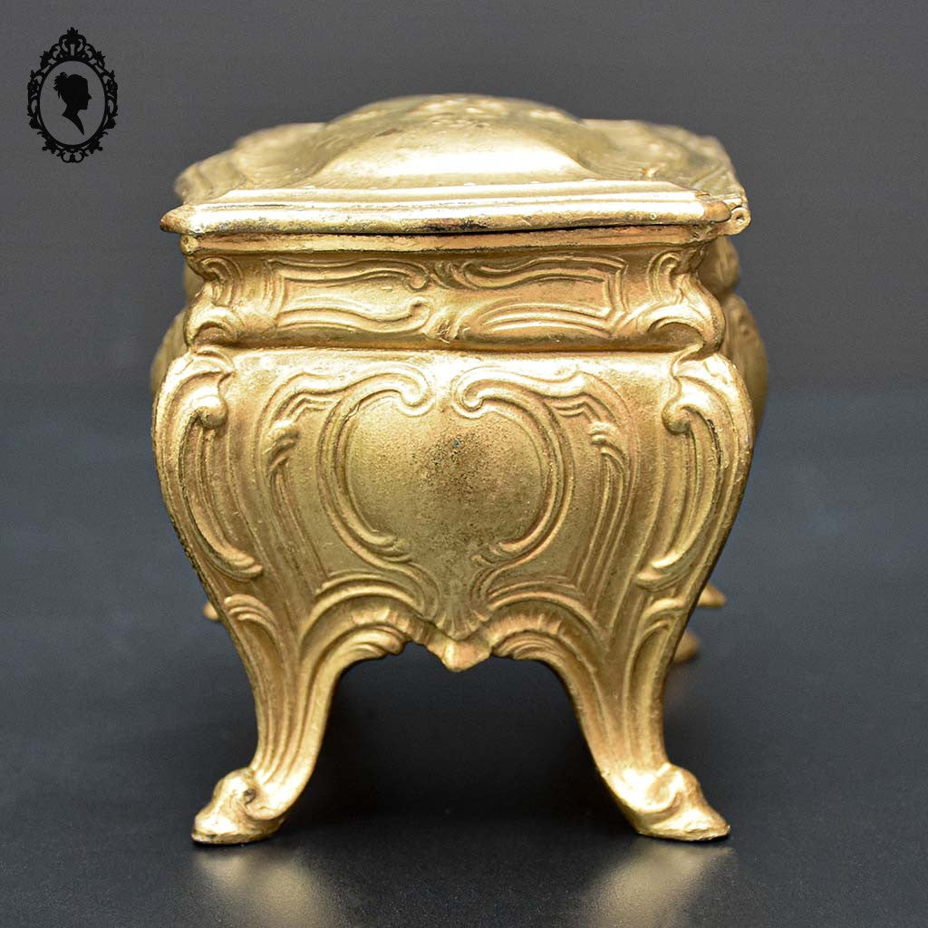Boite ou coffret à bijoux métal forme commode bombée dorée ancienne