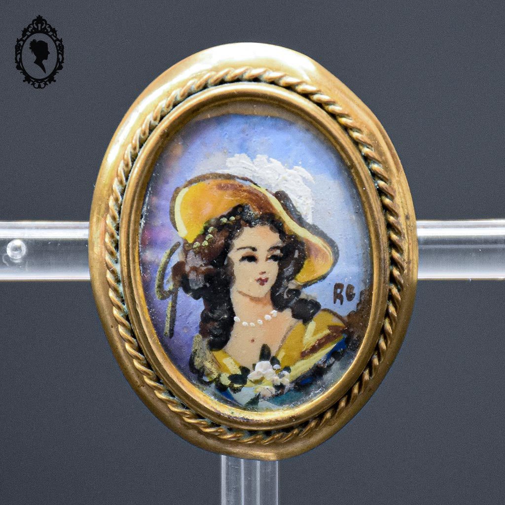 Chic broche peinture ovale portrait signée RC et laiton doré bijoux ancien vintage