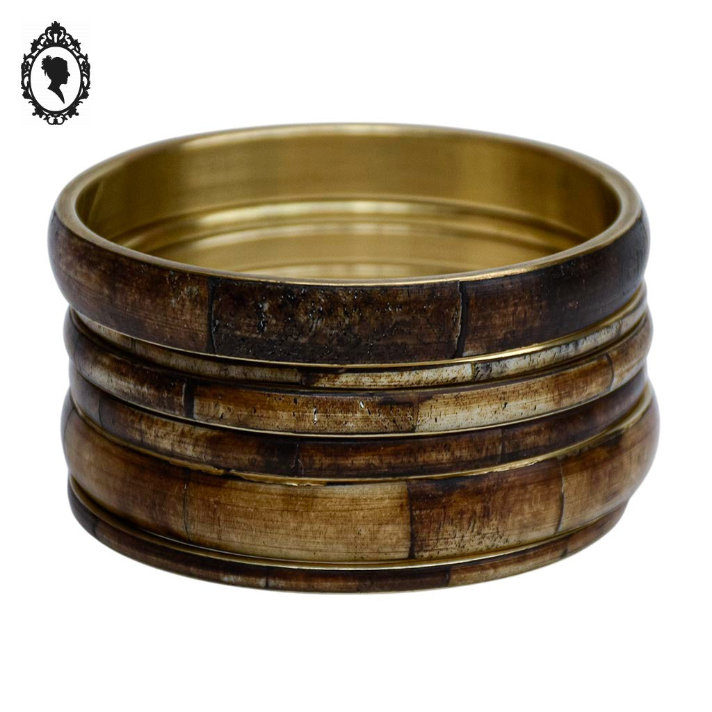 Chic ensemble 6 bracelets rigides joncs laiton effet bois vintage