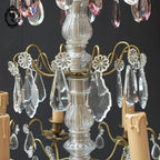 Chic lustre à pampilles bronze doré 6 feux enfilage verre ancien
