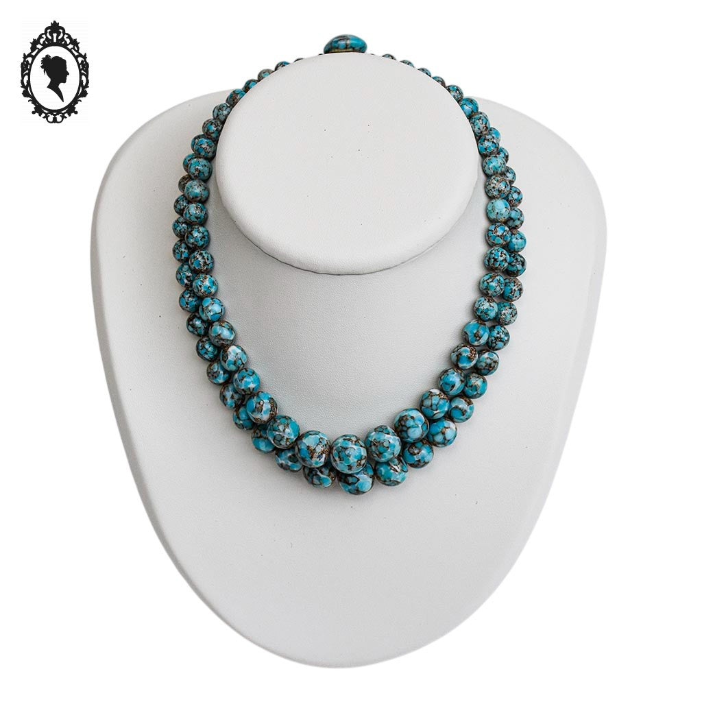 Collier ancien art déco 2 rangs de perles bleu porcelaine émaillée effet marbré