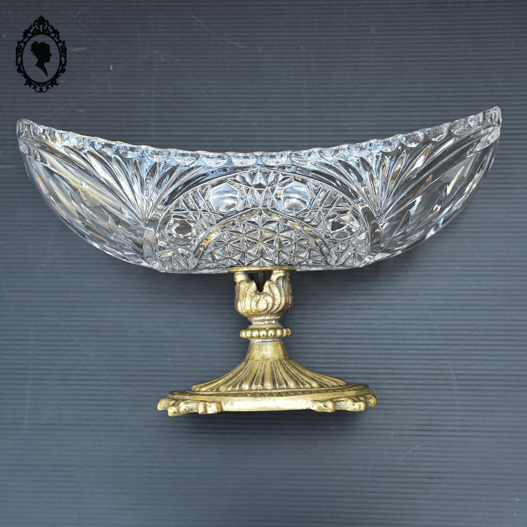 Coupelle sur pied serviteur plat coupe ovale piédouche en cristal et laiton H 15 L 31 cm