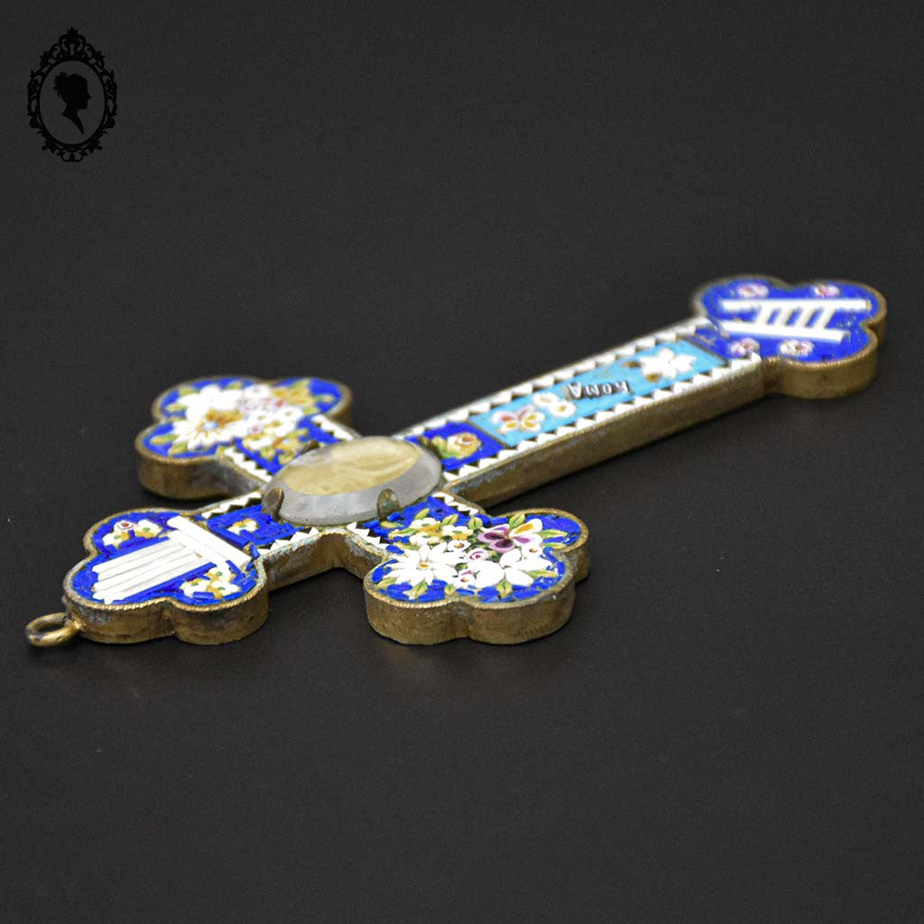 Croix en micro mosaïque de Roma Italienne photo verre H 10,5 cm ancienne