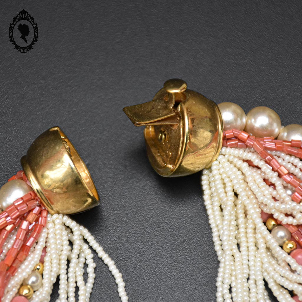 Élégant collier rose saumon beige multi rangs bijou fantaisie vintage