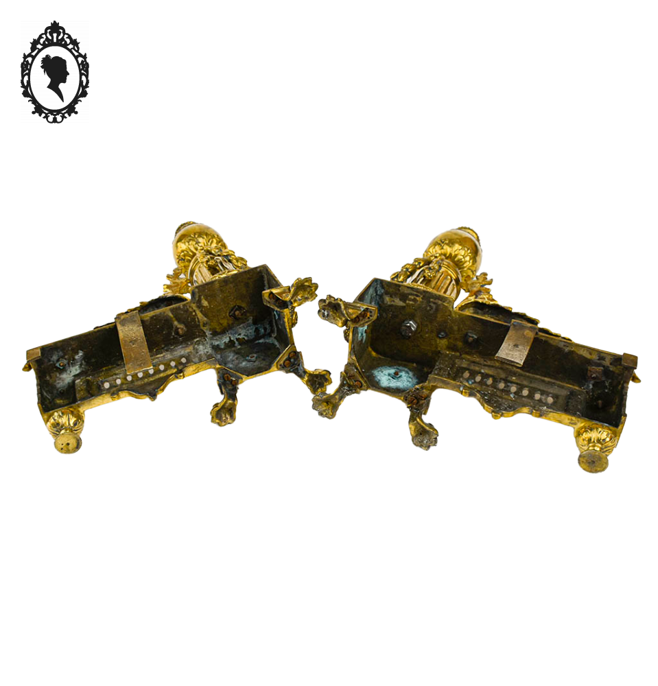 Élégante paire de chenets bronze doré pattes de lion accessoire de cheminée ancien Napoléon 3 XIX ème