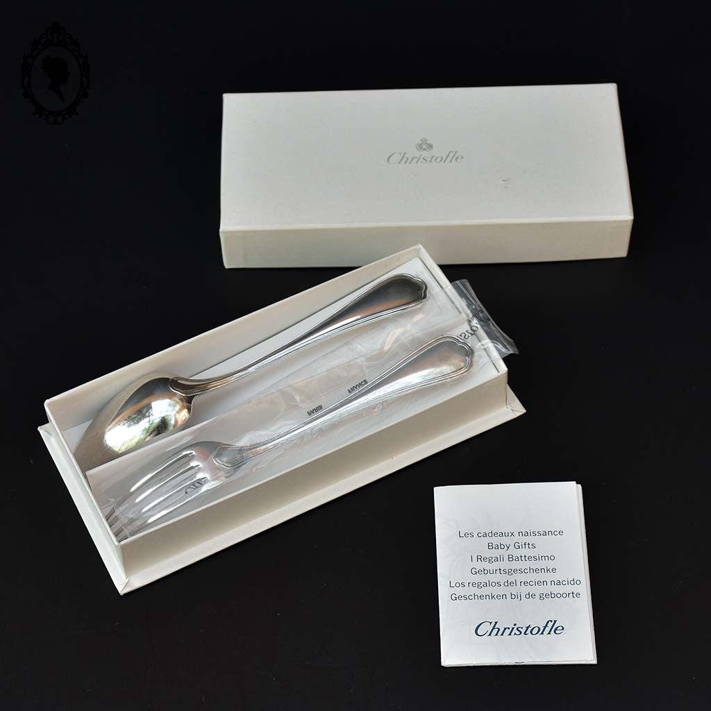 Ensemble 2 couverts enfant ou dessert Chritofle métal argenté dans écrin