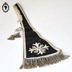 Étole pastorale prêtre Liturgique noir et beige soie broderie pompons fil doré argent ancienne