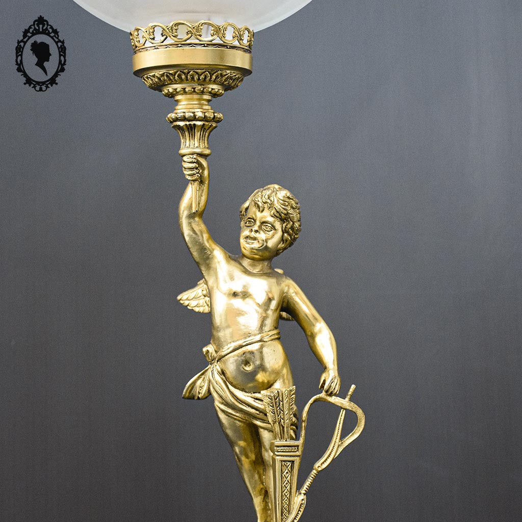 Grande lampe de table Amour cupidon putti chérubin ange dorée globe boule verre vintage