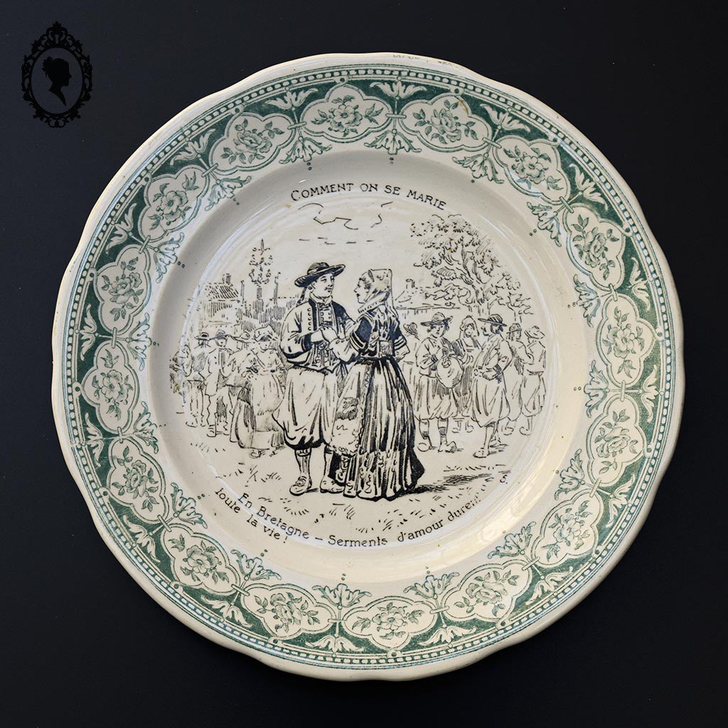 Lot 5 assiettes à dessert parlantes mariage beige et vert Digoin Sarreguemines anciennes