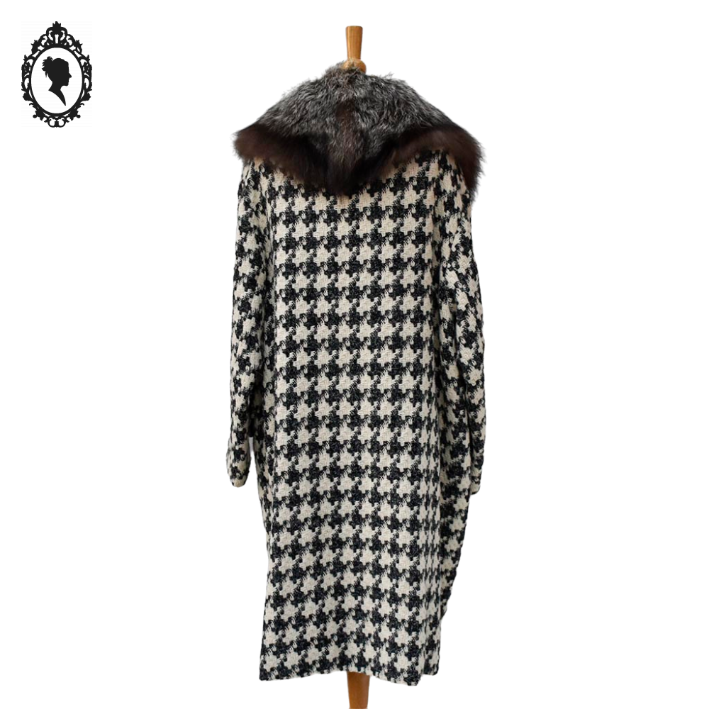 Manteau long femme laine pied-de-poule noir blanc col véritable fourrure T 52 54 vintage