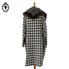 Manteau long femme laine pied-de-poule noir blanc col véritable fourrure T 52 54 vintage