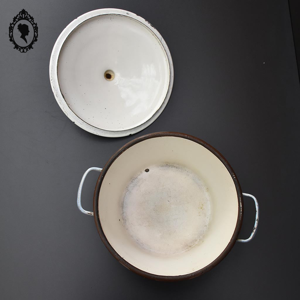 Marmite soupière émaillée fleurie bleu et blanc vintage ancienne