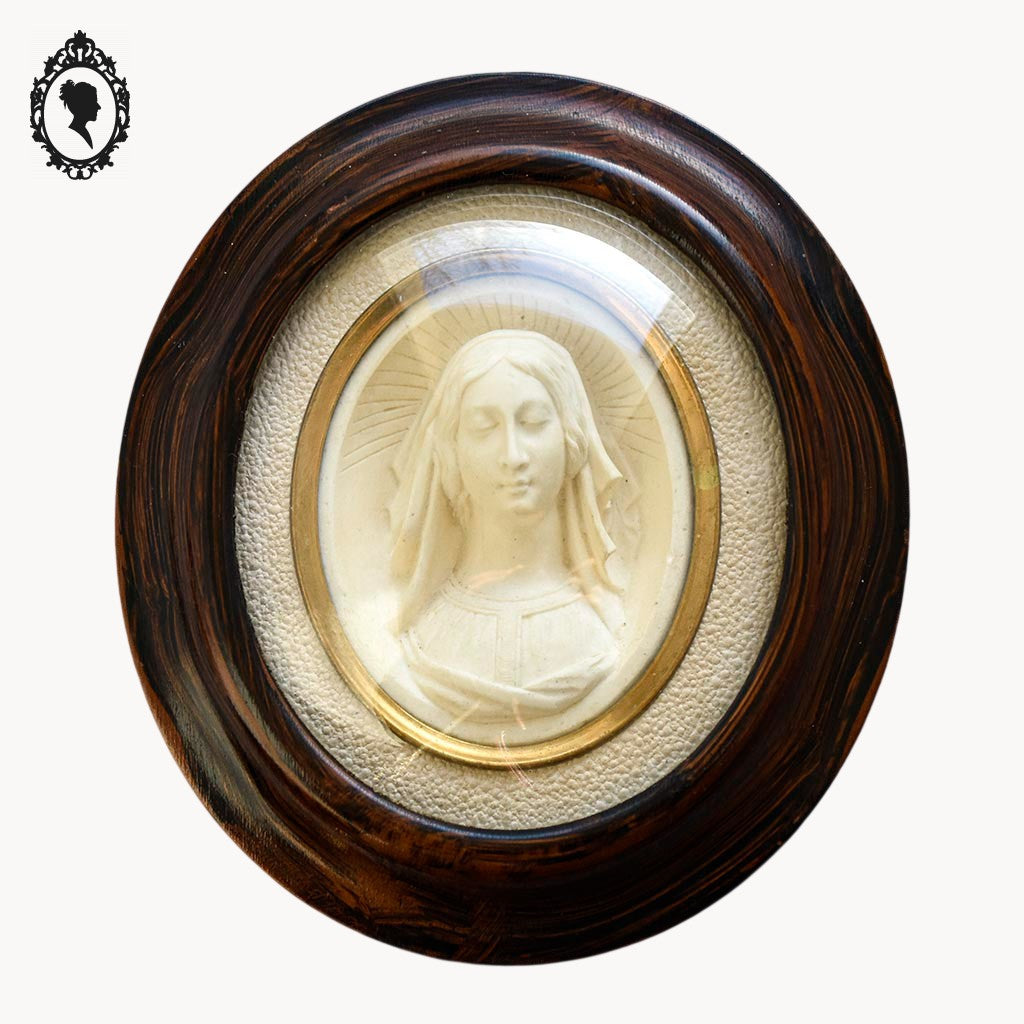 Paire de cadres reliquaires verre bombé ovale bois Christ et Marie calcaire pétrifié ancien Napoléon 3