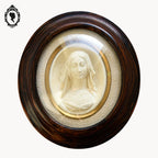 Paire de cadres reliquaires verre bombé ovale bois Christ et Marie calcaire pétrifié ancien Napoléon 3